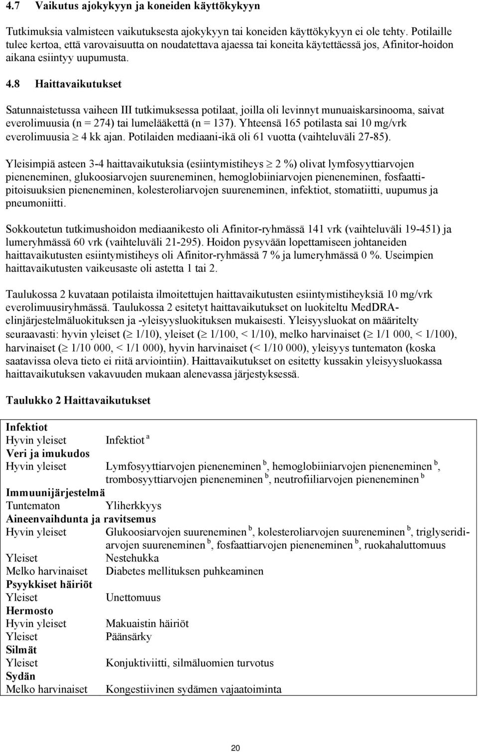 8 Haittavaikutukset Satunnaistetussa vaiheen III tutkimuksessa potilaat, joilla oli levinnyt munuaiskarsinooma, saivat everolimuusia (n = 274) tai lumelääkettä (n = 137).