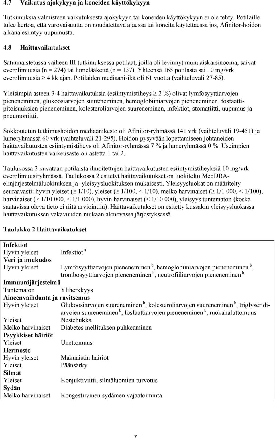 8 Haittavaikutukset Satunnaistetussa vaiheen III tutkimuksessa potilaat, joilla oli levinnyt munuaiskarsinooma, saivat everolimuusia (n = 274) tai lumelääkettä (n = 137).