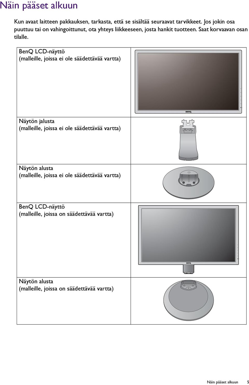 BenQ LCD-näyttö (malleille, joissa ei ole säädettävää vartta) Näytön jalusta (malleille, joissa ei ole säädettävää vartta) Näytön