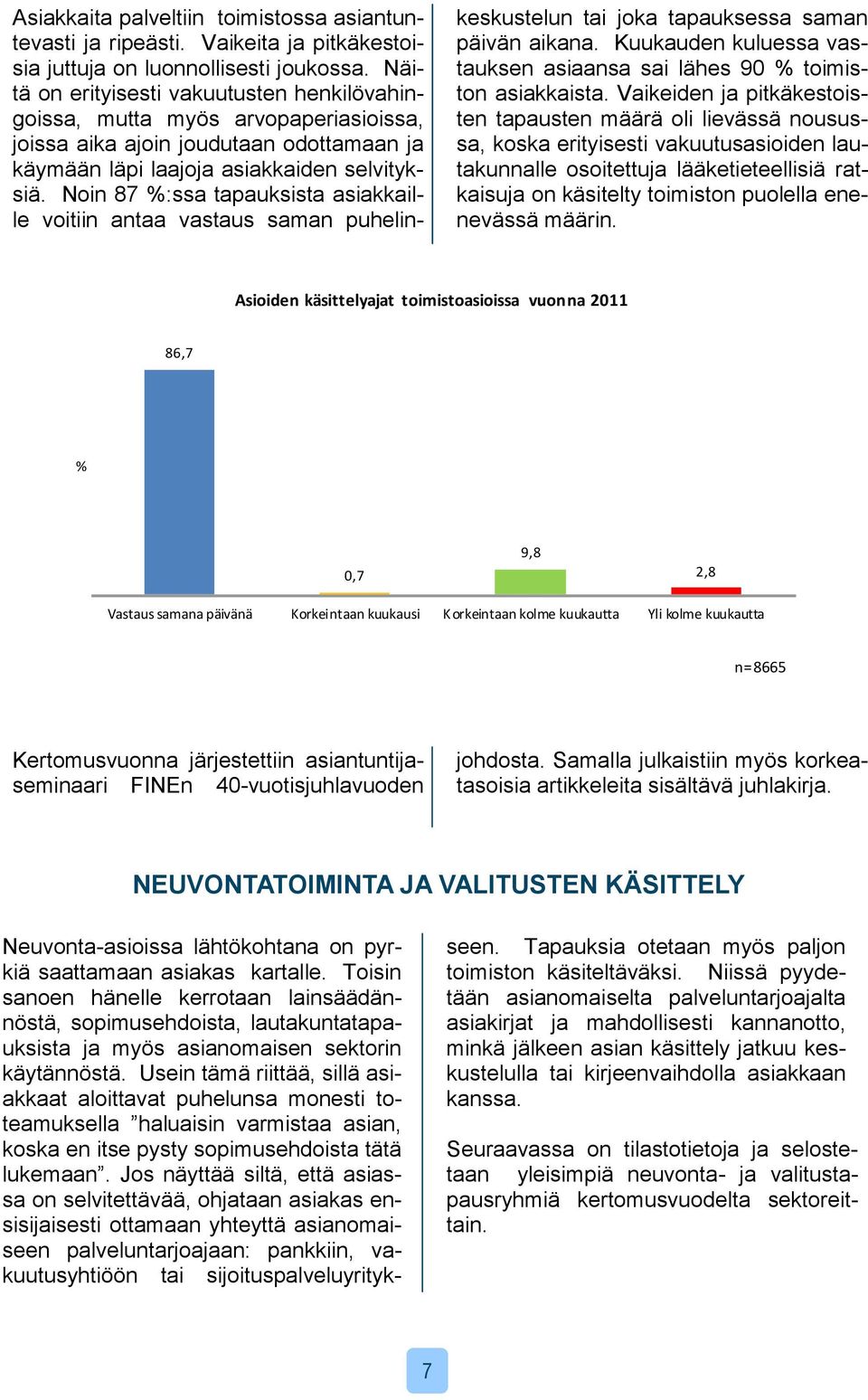 Noin 87 %:ssa tapauksista asiakkaille voitiin antaa vastaus saman puhelinkeskustelun tai joka tapauksessa saman päivän aikana.