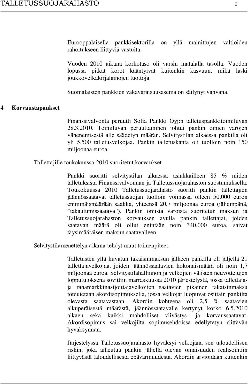 Finanssivalvonta peruutti Sofia Pankki Oyj:n talletuspankkitoimiluvan 28.3.2010. Toimiluvan peruuttaminen johtui pankin omien varojen vähenemisestä alle säädetyn määrän.