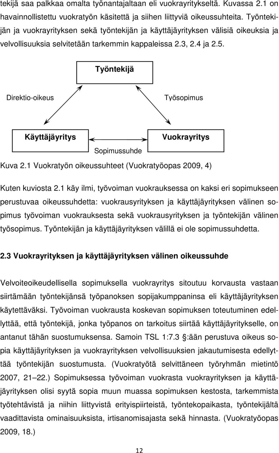 Työntekijä Direktio-oikeus Työsopimus Käyttäjäyritys Sopimussuhde Vuokrayritys Kuva 2.1 Vuokratyön oikeussuhteet (Vuokratyöopas 2009, 4) Kuten kuviosta 2.