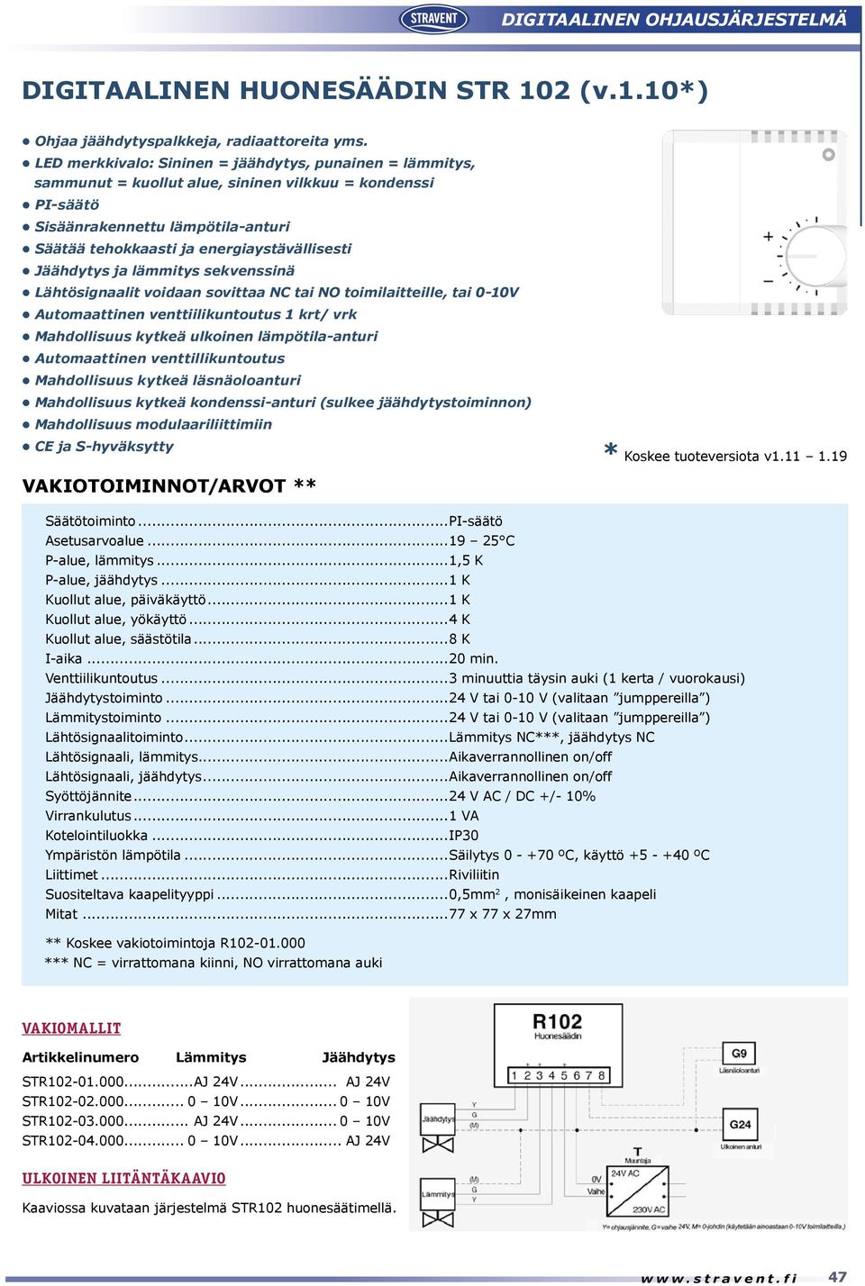 Jäähdytys ja lämmitys sekvenssinä Lähtösignaalit voidaan sovittaa NC tai NO toimilaitteille, tai 0-10V Automaattinen venttiilikuntoutus 1 krt/ vrk Mahdollisuus kytkeä ulkoinen lämpötila-anturi