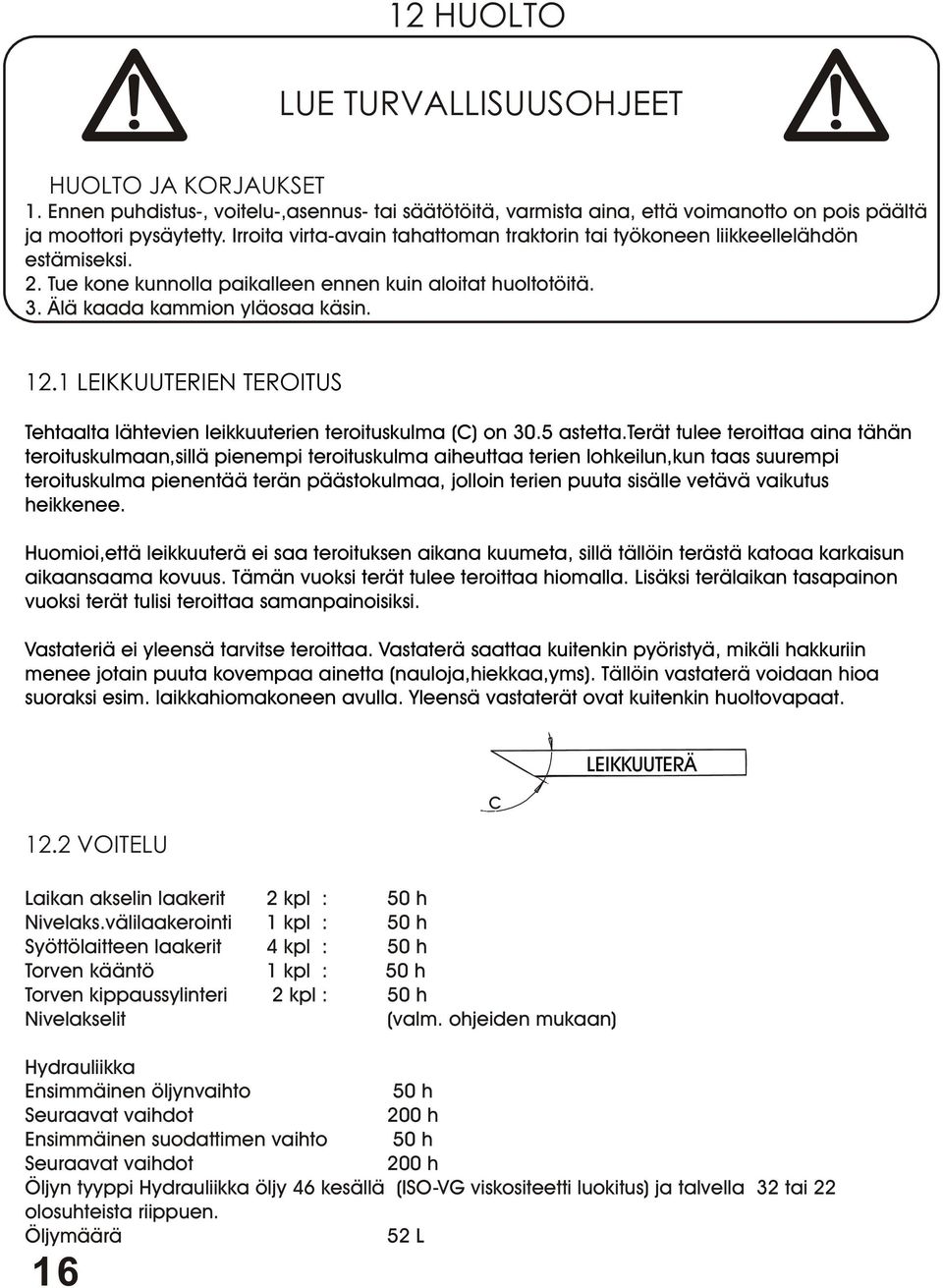 1 LEIKKUUTERIEN TEROITUS Tehtaalta lähtevien leikkuuterien teroituskulma (C) on 30.5 astetta.