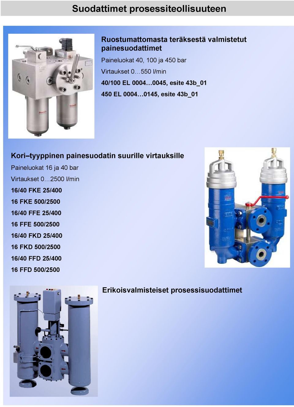 suurille virtauksille Paineluokat 16 ja 40 bar Virtaukset 0 2500 l/min 16/40 FKE 25/400 16 FKE 500/2500 16/40 FFE 25/400