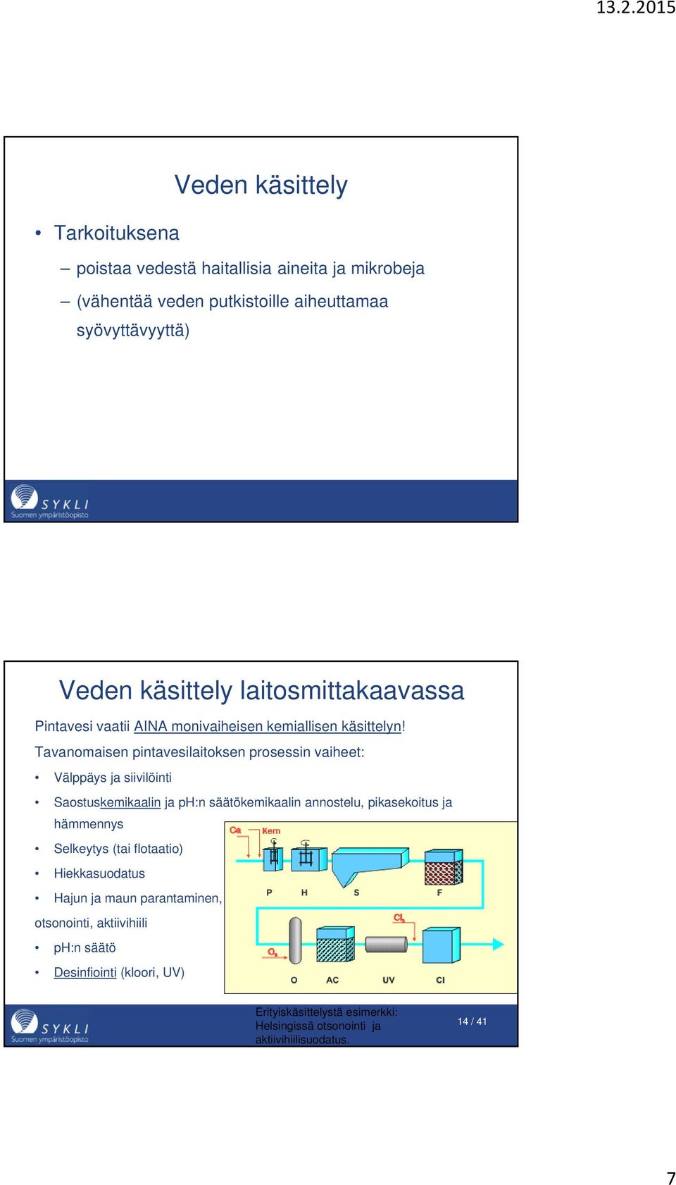 Tavanomaisen pintavesilaitoksen prosessin vaiheet: Välppäys ja siivilöinti Saostuskemikaalin ja ph:n säätökemikaalin annostelu, pikasekoitus ja