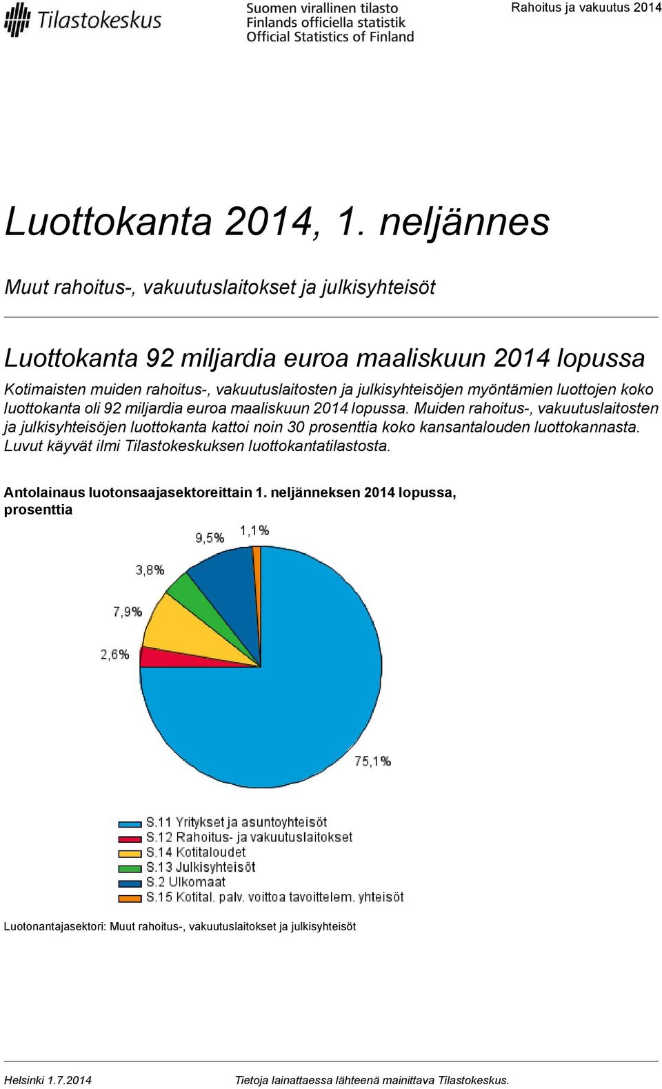 julkisyhteisöjen myöntämien luottojen koko luottokanta oli 92 miljardia euroa maaliskuun 2014 lopussa.
