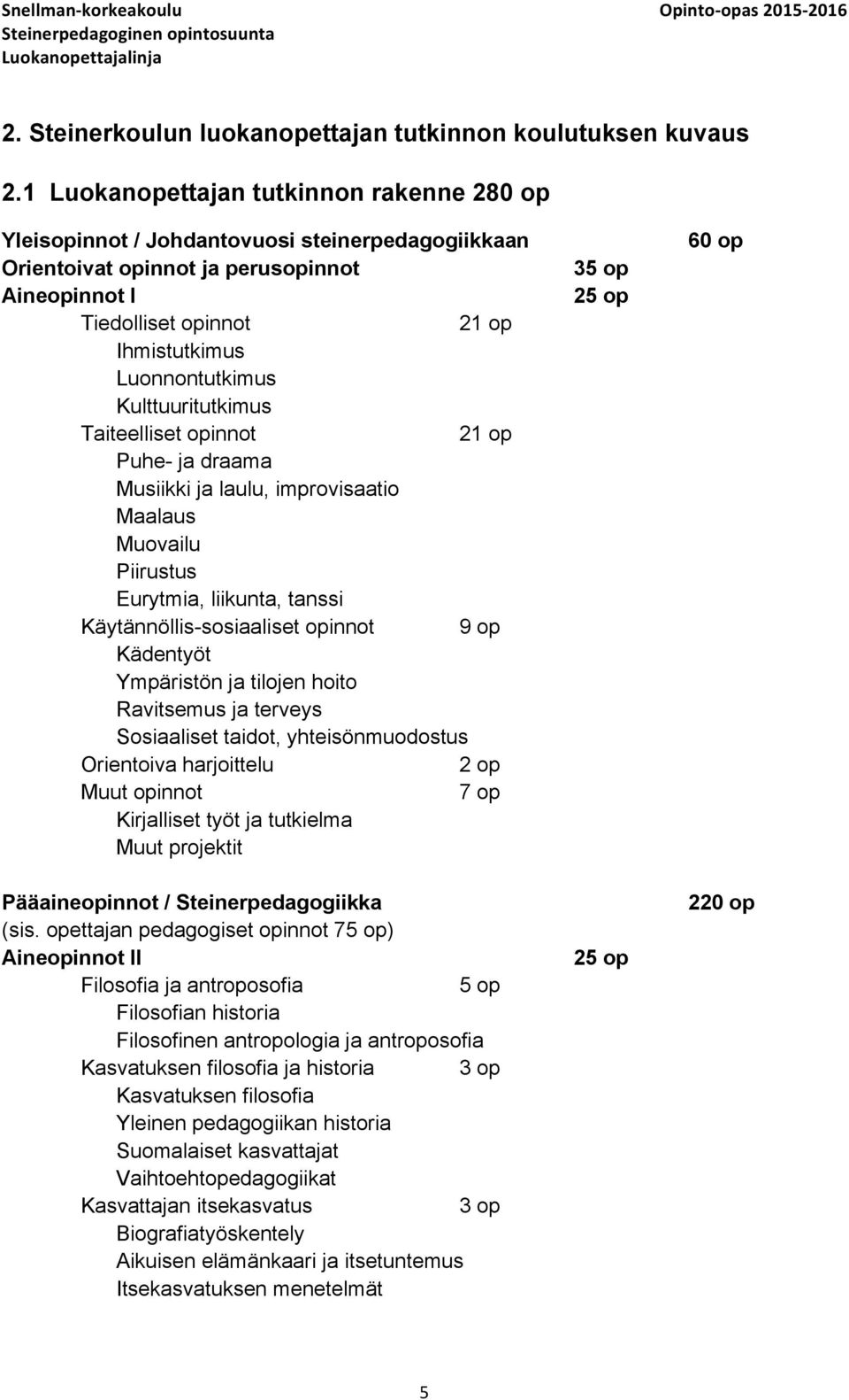 Kulttuuritutkimus Taiteelliset opinnot 21 op Puhe- ja draama Musiikki ja laulu, improvisaatio Maalaus Muovailu Piirustus Eurytmia, liikunta, tanssi Käytännöllis-sosiaaliset opinnot 9 op Kädentyöt