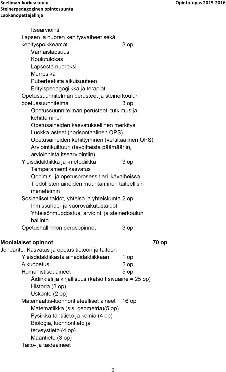 OPS) Opetusaineiden kehittyminen (vertikaalinen OPS) Arviointikulttuuri (tavoitteista päämääriin, arvioinnista itsearviointiin) Yleisdidaktiikka ja -metodiikka 3 op Temperamenttikasvatus Oppimis- ja