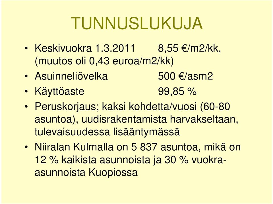 99,85 % Peruskorjaus; kaksi kohdetta/vuosi (60-80 asuntoa), uudisrakentamista