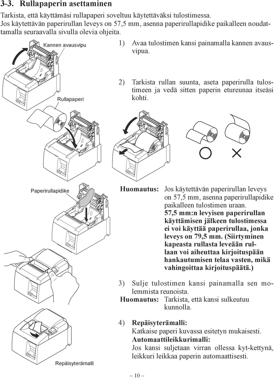 Kannen avausvipu 1) Avaa tulostimen kansi painamalla kannen avausvipua. Rullapaperi 2) Tarkista rullan suunta, aseta paperirulla tulostimeen ja vedä sitten paperin etureunaa itseäsi kohti.