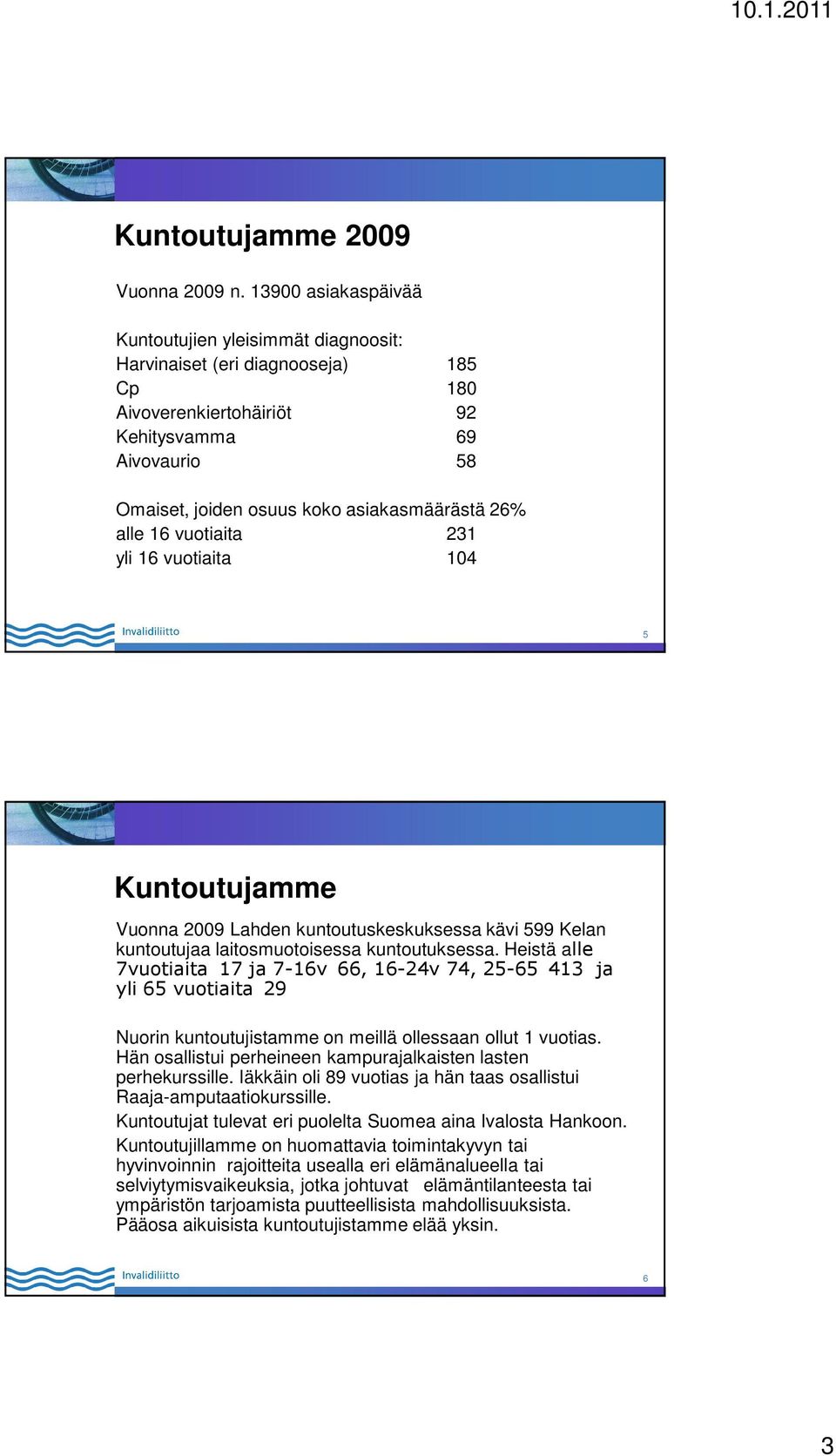 alle 16 vuotiaita 231 yli 16 vuotiaita 104 5 Kuntoutujamme Vuonna 2009 Lahden kuntoutuskeskuksessa kävi 599 Kelan kuntoutujaa laitosmuotoisessa kuntoutuksessa.