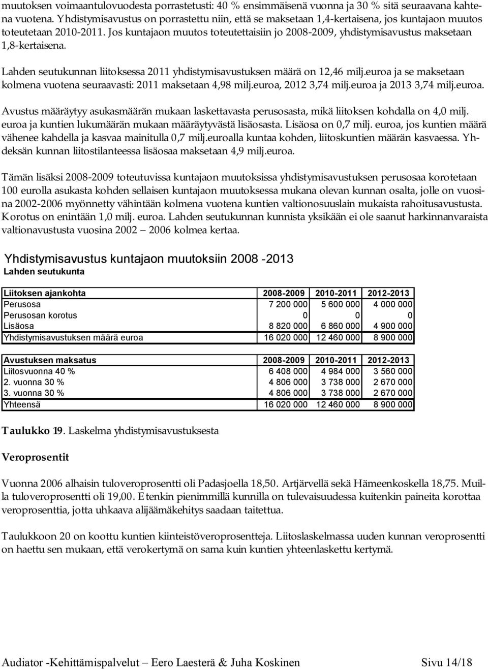 Jos kuntajaon muutos toteutettaisiin jo 2008-2009, yhdistymisavustus maksetaan 1,8-kertaisena. Lahden seutukunnan liitoksessa 2011 yhdistymisavustuksen määrä on 12,46 milj.