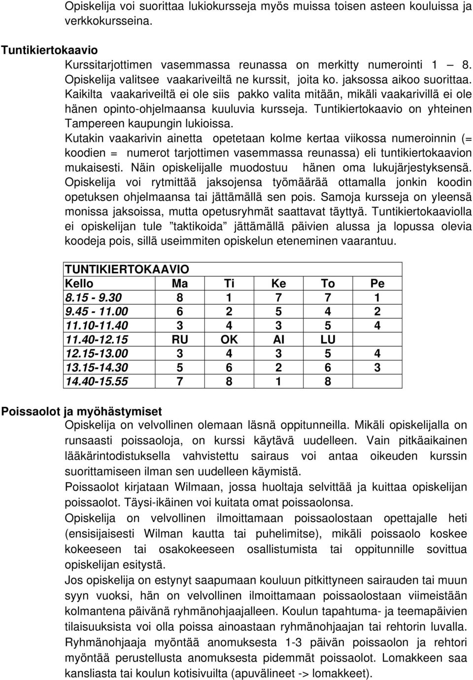 Kaikilta vaakariveiltä ei ole siis pakko valita mitään, mikäli vaakarivillä ei ole hänen opinto-ohjelmaansa kuuluvia kursseja. Tuntikiertokaavio on yhteinen Tampereen kaupungin lukioissa.