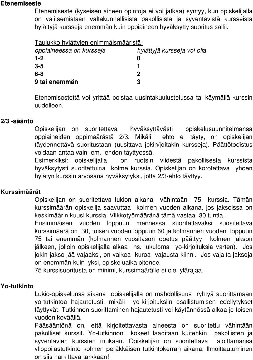 Taulukko hylättyjen enimmäismääristä: oppiaineessa on kursseja hylättyjä kursseja voi olla 1-2 0 3-5 1 6-8 2 9 tai enemmän 3 Etenemisestettä voi yrittää poistaa uusintakuulustelussa tai käymällä