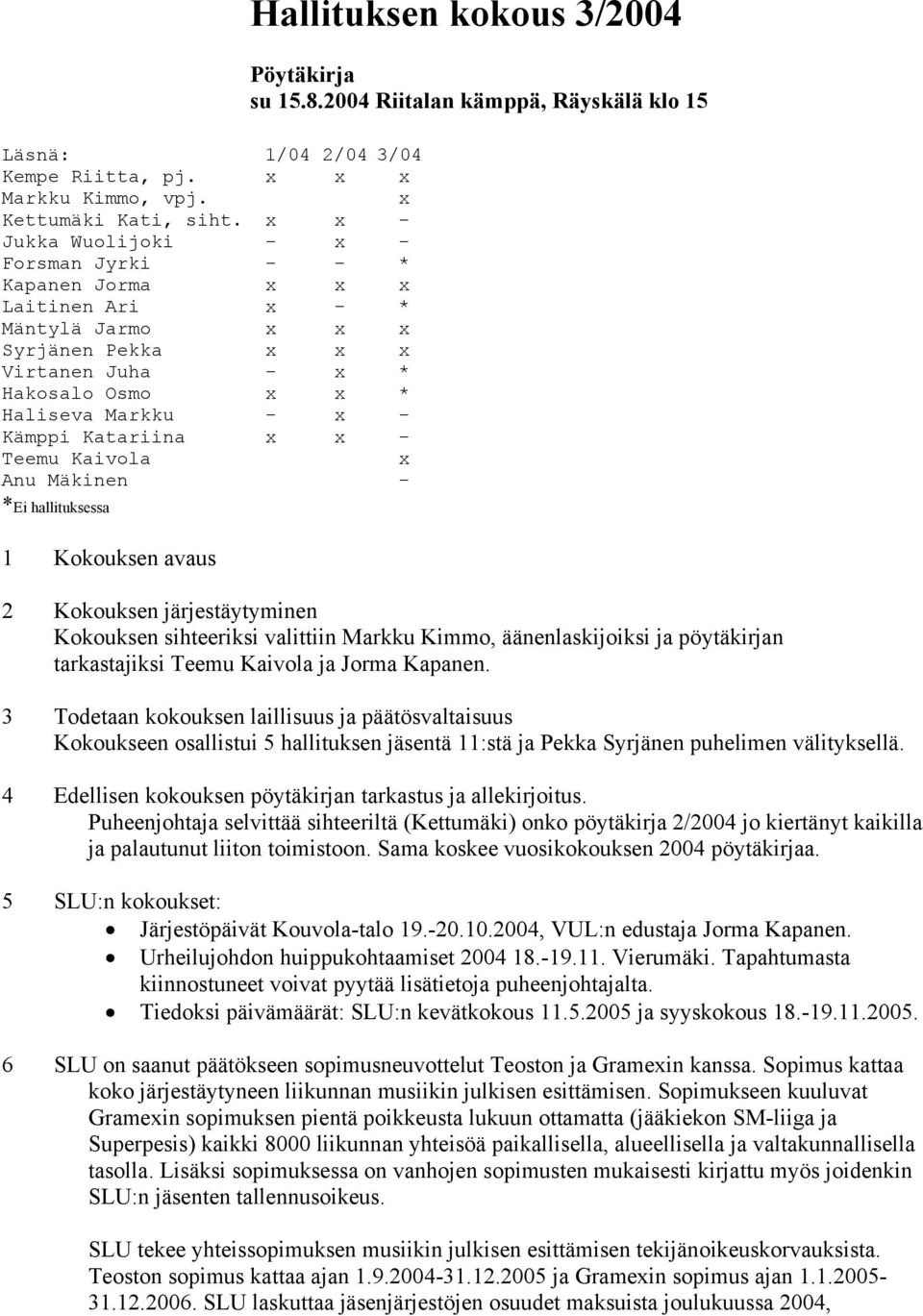 Katariina x x - Teemu Kaivola x Anu Mäkinen - *Ei hallituksessa 1 Kokouksen avaus Hallituksen kokous 3/2004 Pöytäkirja su 15.8.