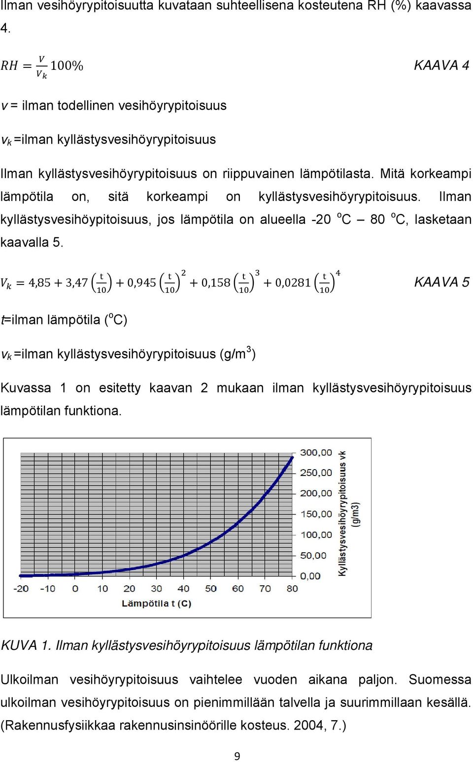 Mitä korkeampi lämpötila on, sitä korkeampi on kyllästysvesihöyrypitoisuus. Ilman kyllästysvesihöypitoisuus, jos lämpötila on alueella -20 o C 80 o C, lasketaan kaavalla 5.