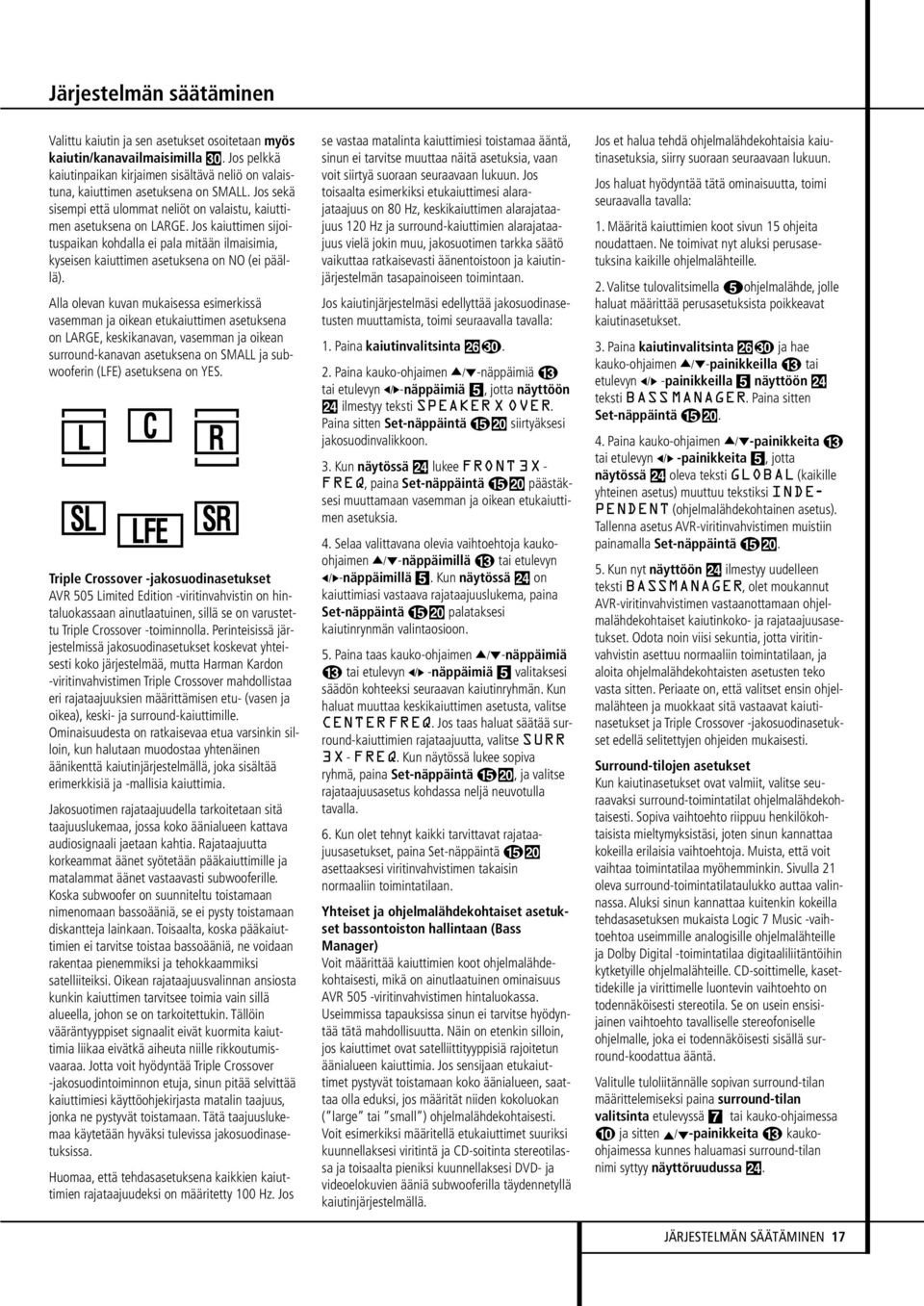 Alla olevan kuvan mukaisessa esimerkissä vasemman ja oikean etukaiuttimen asetuksena on LARGE, keskikanavan, vasemman ja oikean surround-kanavan asetuksena on SMALL ja subwooferin (LFE) asetuksena on