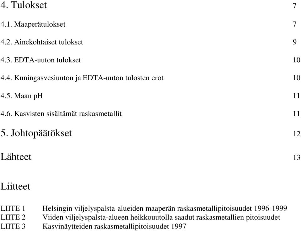 Johtopäätökset 12 Lähteet 13 Liitteet LIITE 1 Helsingin viljelyspalsta-alueiden maaperän raskasmetallipitoisuudet