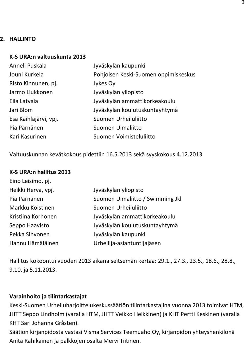 Suomen Uimaliitto Suomen Voimisteluliitto Valtuuskunnan kevätkokous pidettiin 16.5.2013 sekä syyskokous 4.12.2013 K-S URA:n hallitus 2013 Eino Leisimo, pj. Heikki Herva, vpj.