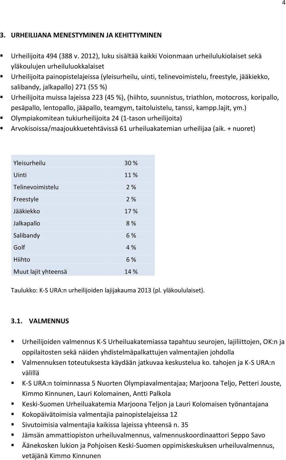 jalkapallo) 271 (55 %) Urheilijoita muissa lajeissa 223 (45 %), (hiihto, suunnistus, triathlon, motocross, koripallo, pesäpallo, lentopallo, jääpallo, teamgym, taitoluistelu, tanssi, kampp.lajit, ym.