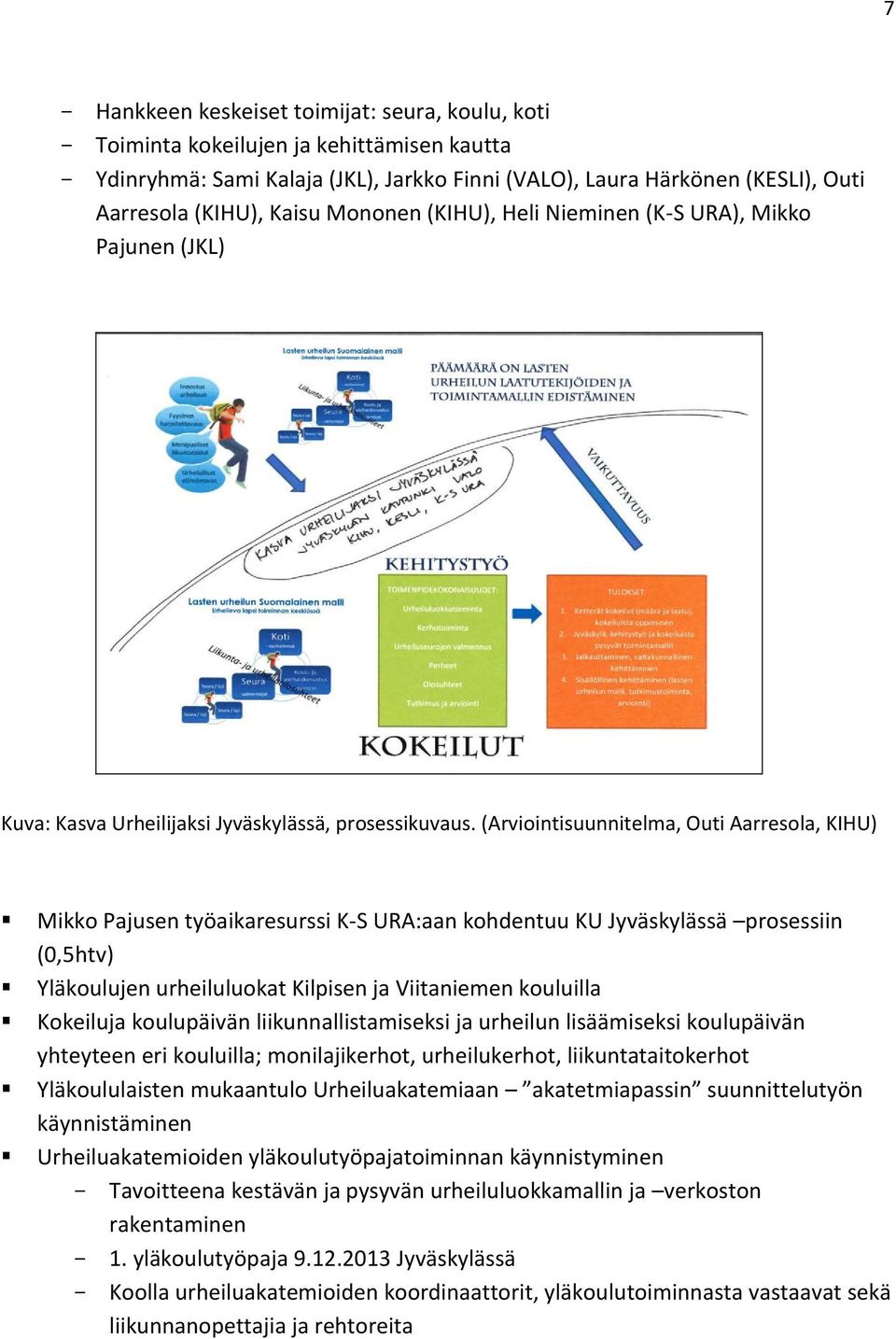 (Arviointisuunnitelma, Outi Aarresola, KIHU) Mikko Pajusen työaikaresurssi K-S URA:aan kohdentuu KU Jyväskylässä prosessiin (0,5htv) Yläkoulujen urheiluluokat Kilpisen ja Viitaniemen kouluilla