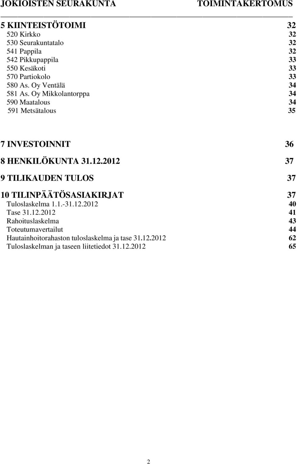 2012 37 9 TILIKAUDEN TULOS 37 10 TILINPÄÄTÖSASIAKIRJAT 37 Tuloslaskelma 1.1.-31.12.2012 40 Tase 31.12.2012 41 Rahoituslaskelma 43 Toteutumavertailut 44 Hautainhoitorahaston tuloslaskelma ja tase 31.