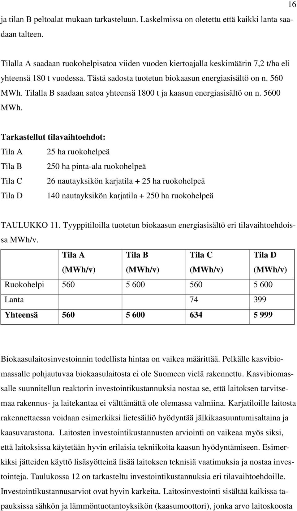 Tilalla B saadaan satoa yhteensä 1800 t ja kaasun energiasisältö on n. 5600 MWh.