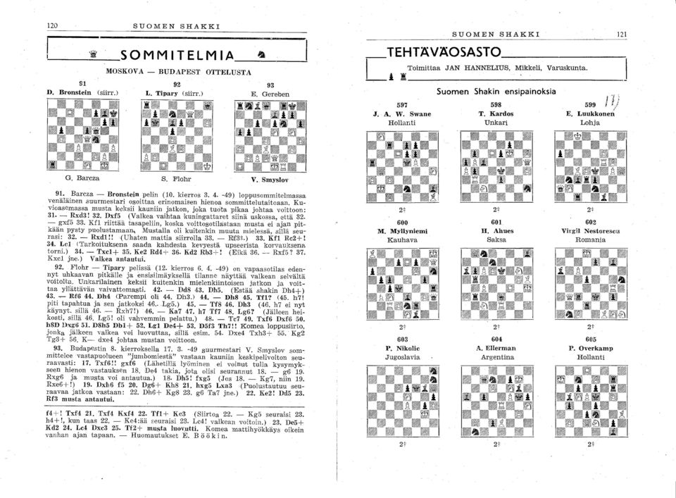 Luukkonen Lohja G. Barcza S. Flohr V. Smyslov 9. Barcza - Bronstein pelin (0. kierros 3. 4. -49) loppusommitelmassa venäläinen suurmestari osoittaa erinomaisen hienoa sommittelutaitoaan.