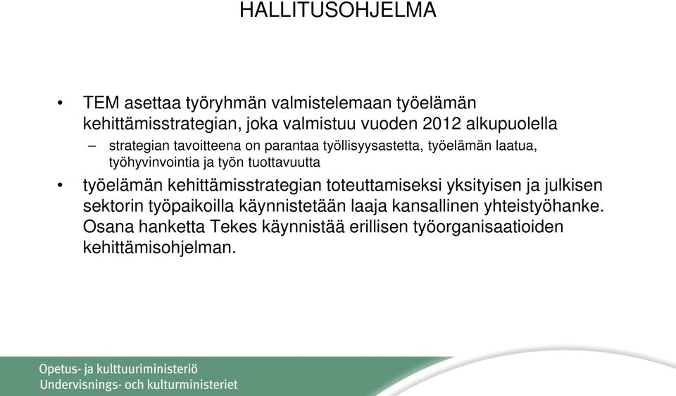 tuottavuutta työelämän kehittämisstrategian toteuttamiseksi yksityisen ja julkisen sektorin työpaikoilla