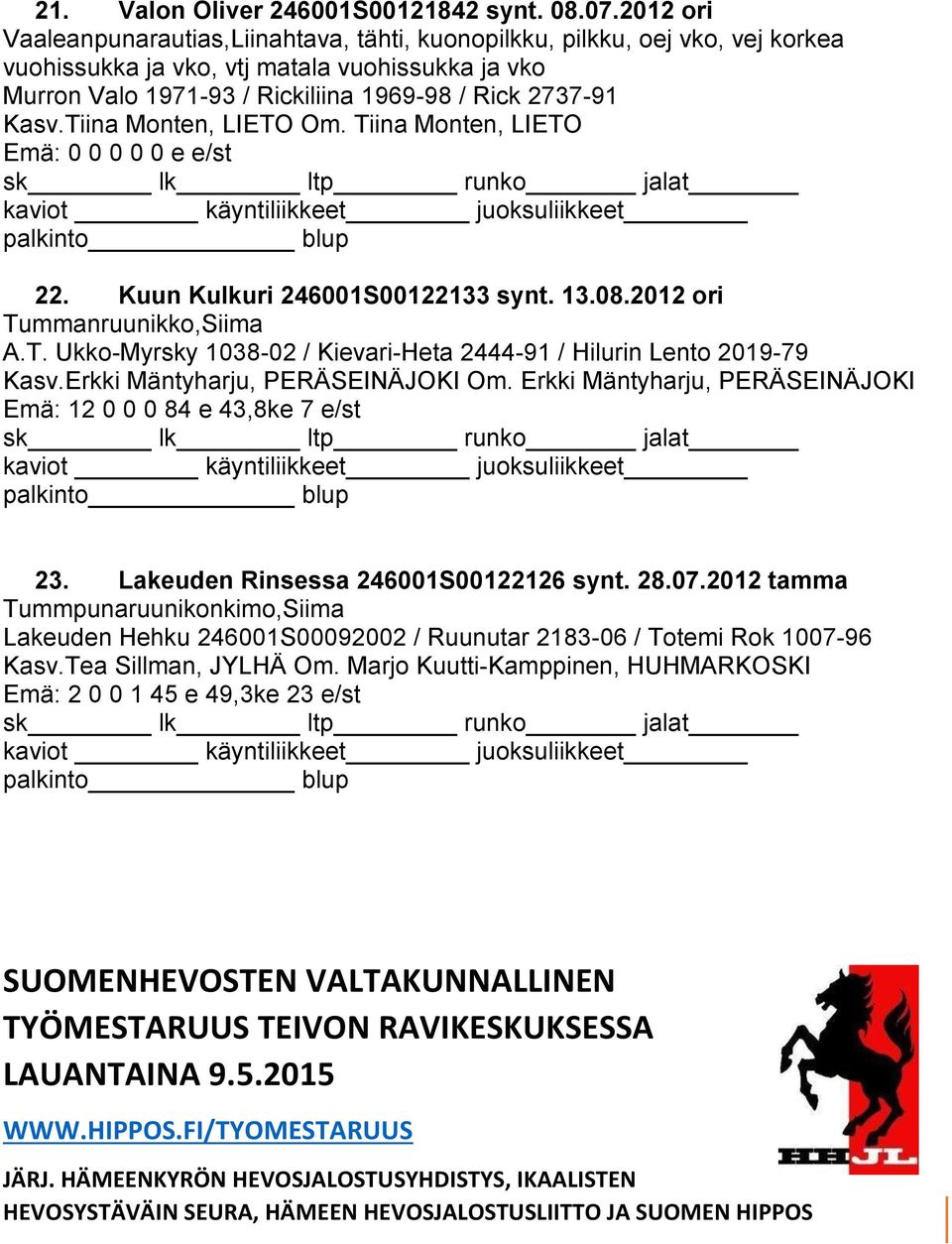 Tiina Monten, LIETO Om. Tiina Monten, LIETO 22. Kuun Kulkuri 246001S00122133 synt. 13.08.2012 ori Tummanruunikko,Siima A.T. Ukko-Myrsky 1038-02 / Kievari-Heta 2444-91 / Hilurin Lento 2019-79 Kasv.