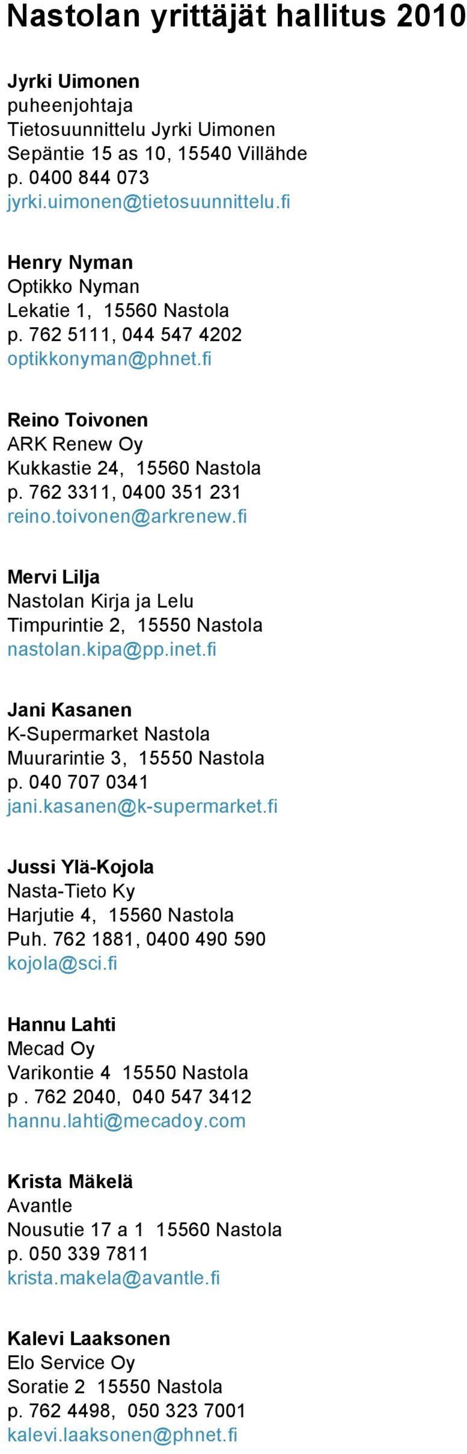 toivonen@arkrenew.fi Mervi Lilja Nastolan Kirja ja Lelu Timpurintie 2, 15550 Nastola nastolan.kipa@pp.inet.fi Jani Kasanen K-Supermarket Nastola Muurarintie 3, 15550 Nastola p. 040 707 0341 jani.