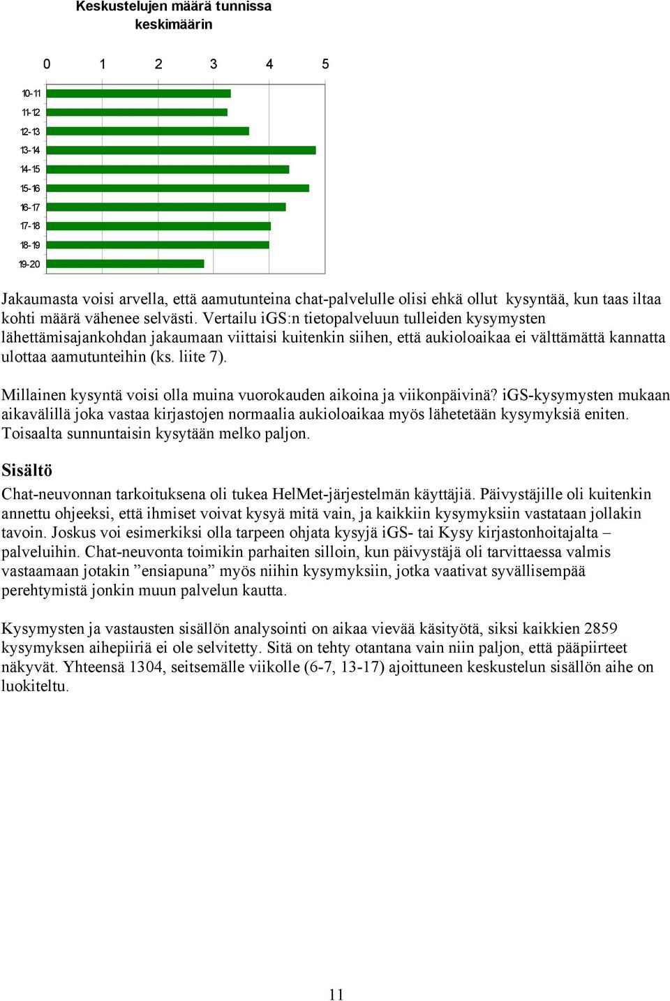 Vertailu igs:n tietopalveluun tulleiden kysymysten lähettämisajankohdan jakaumaan viittaisi kuitenkin siihen, että aukioloaikaa ei välttämättä kannatta ulottaa aamutunteihin (ks. liite 7).