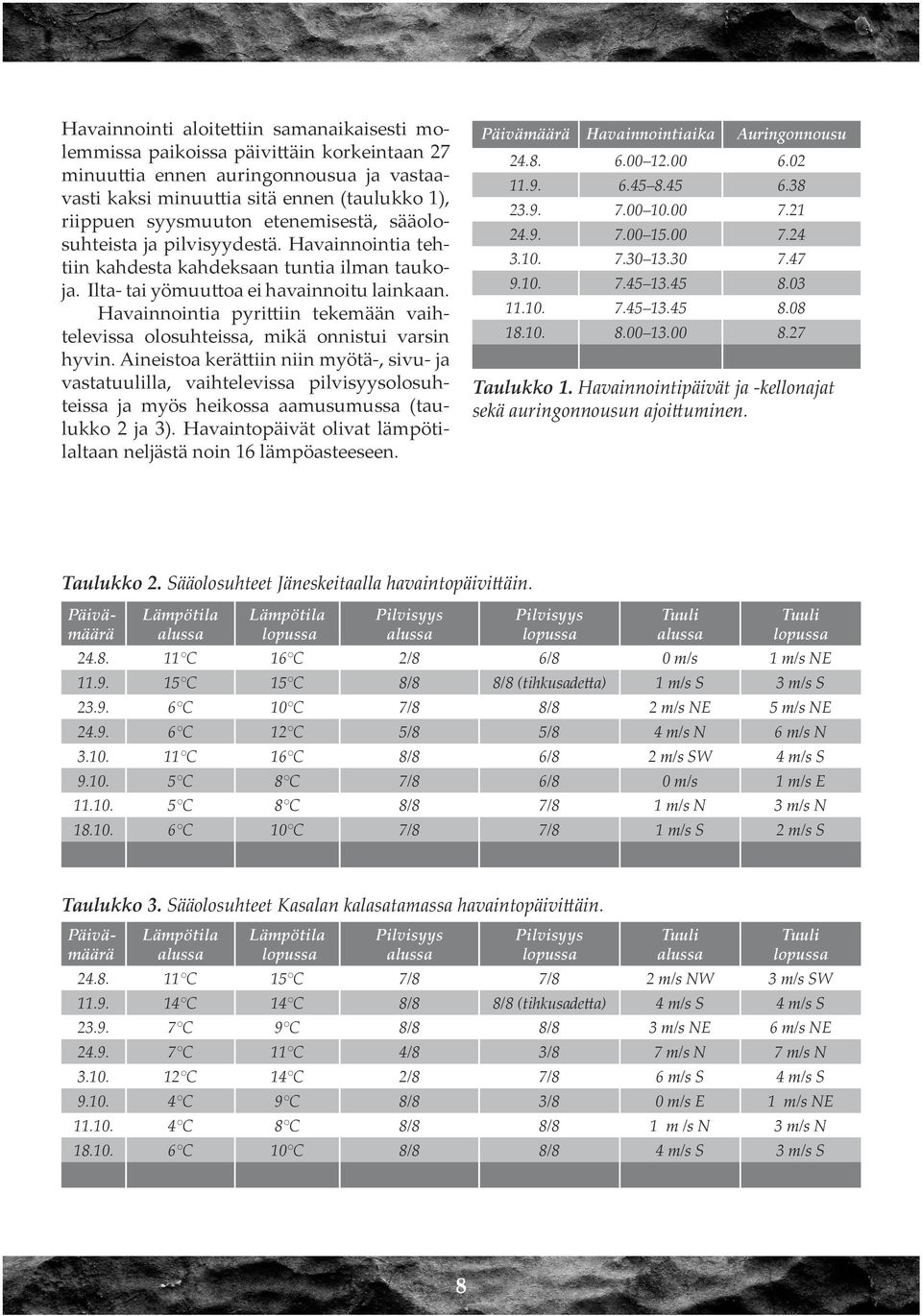 Havainnointia pyrittiin tekemään vaihtelevissa olosuhteissa, mikä onnistui varsin hyvin.