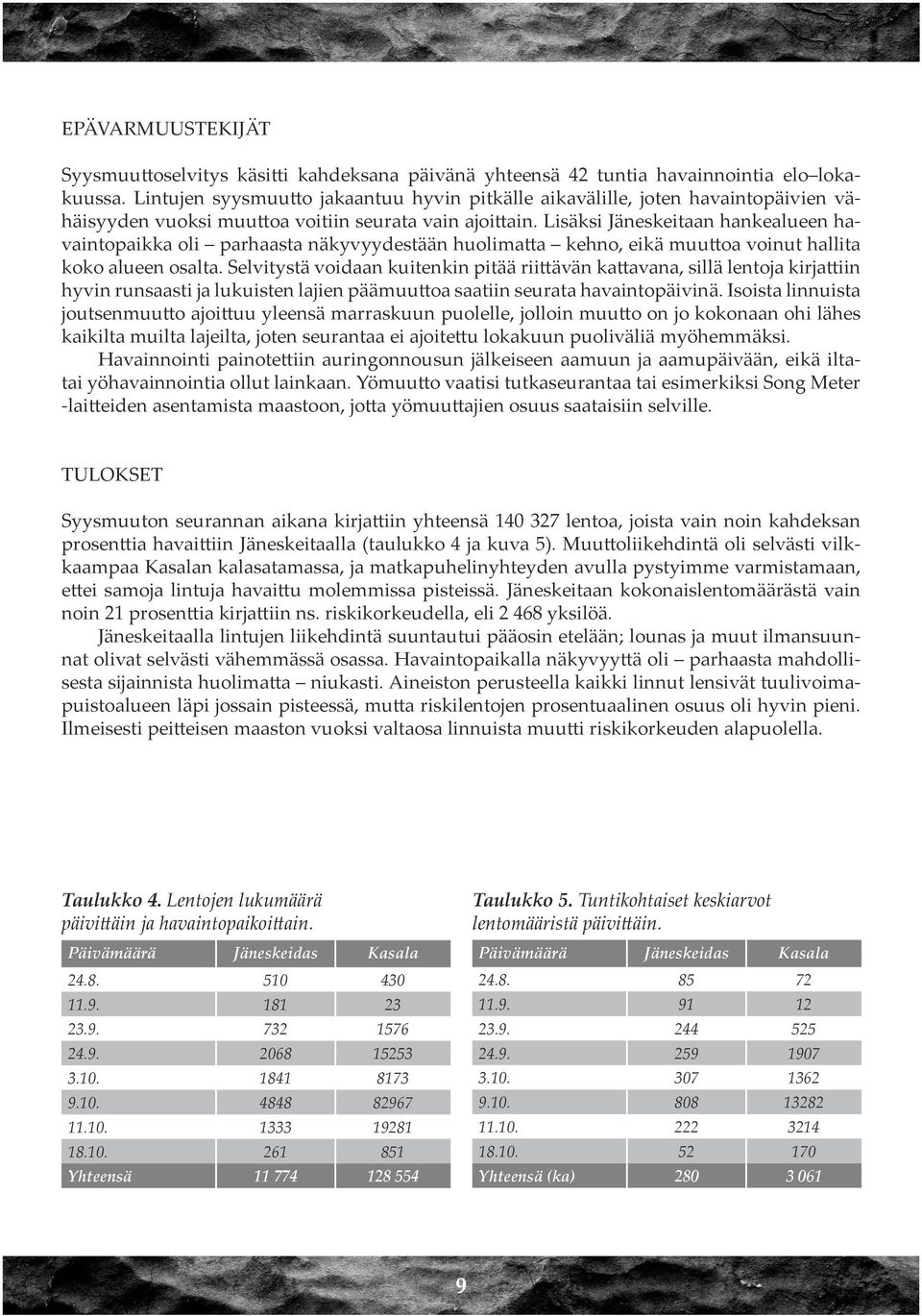 Lisäksi Jäneskeitaan hankealueen havaintopaikka oli parhaasta näkyvyydestään huolimatta kehno, eikä muuttoa voinut hallita koko alueen osalta.