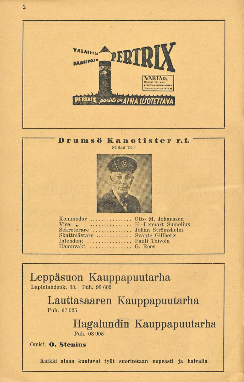 Hamnvakt G. Roos Leppäsuon Kauppapuutarha Lapinlahdenk. 33. Puh.