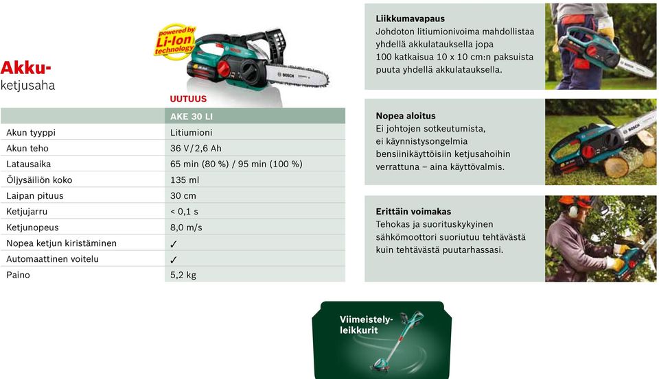 akkulatauksella jopa 100 katkaisua 10 x 10 cm:n paksuista puuta yhdellä akkulatauksella.