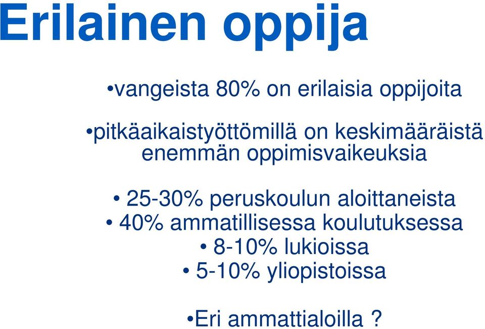 oppimisvaikeuksia 25-30% peruskoulun aloittaneista 40%