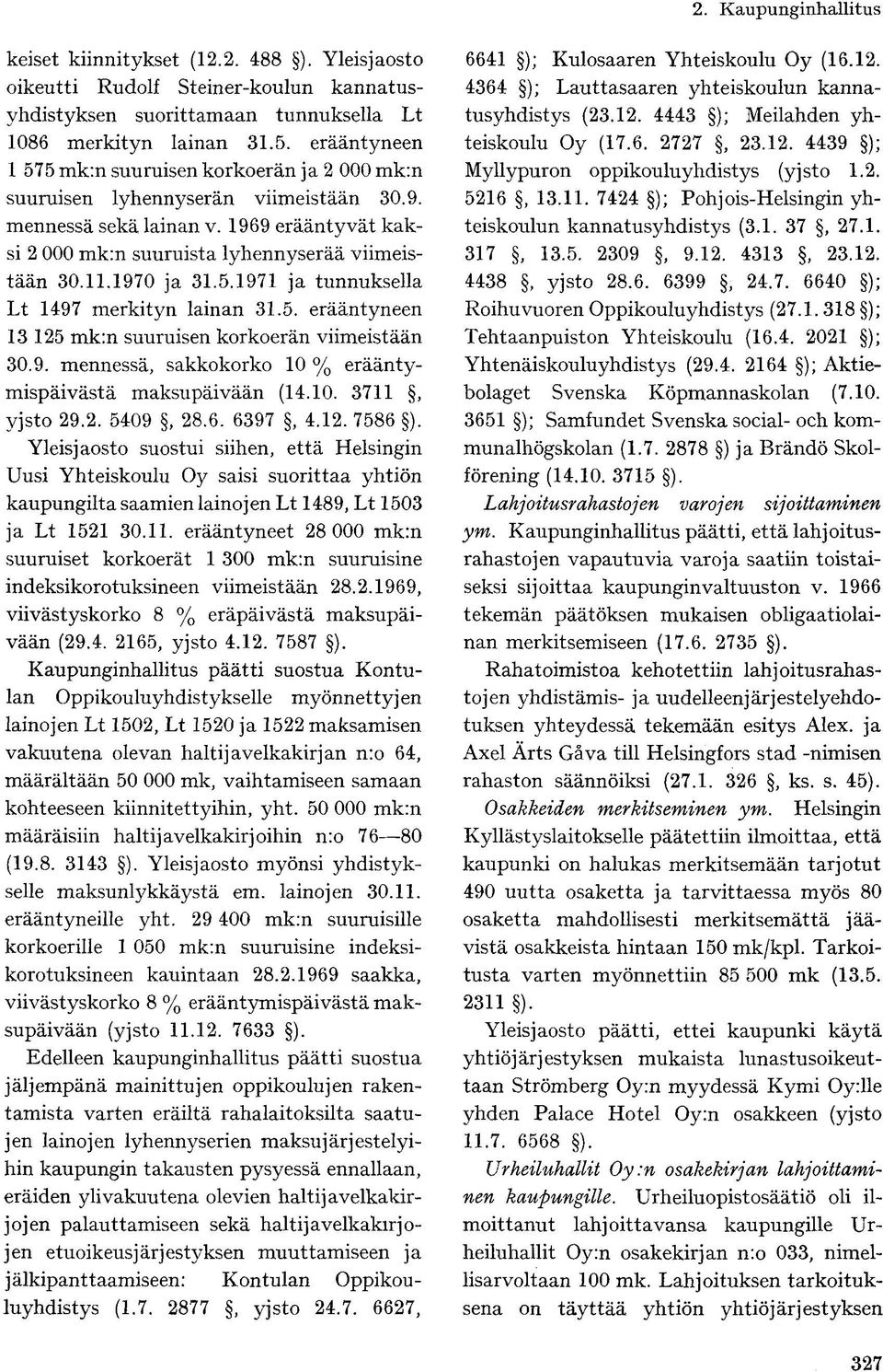 1970 ja 31.5.1971 ja tunnuksella Lt 1497 merkityn lainan 31.5. erääntyneen 13 125 mk:n suuruisen korkoerän viimeistään 30.9. mennessä, sakkokorko 10 % erääntymispäivästä maksupäivään (14.10. 3711, yjsto 29.