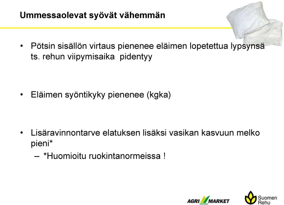 rehun viipymisaika pidentyy Eläimen syöntikyky pienenee (kgka)