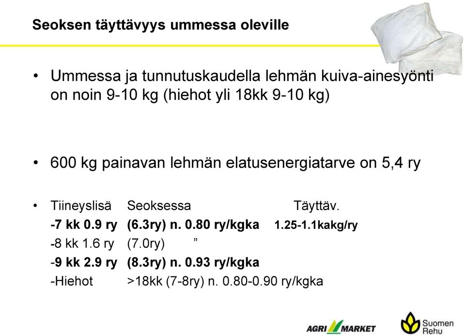 Tiineyslisä Seoksessa Täyttäv. -7 kk 0.9 ry (6.3ry) n. 0.80 ry/kgka 1.25-1.1kakg/ry -8 kk 1.