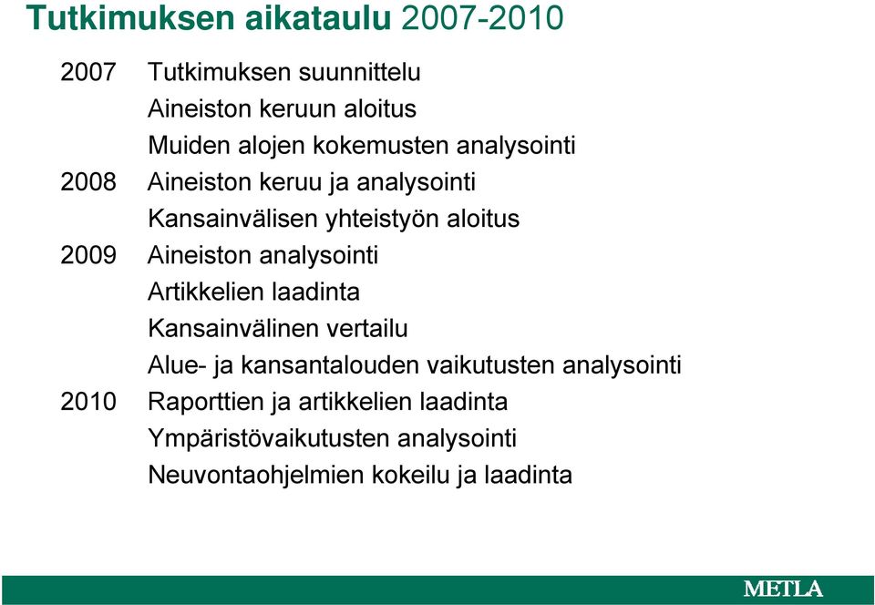 Aineiston analysointi Artikkelien laadinta Kansainvälinen vertailu Alue- ja kansantalouden vaikutusten