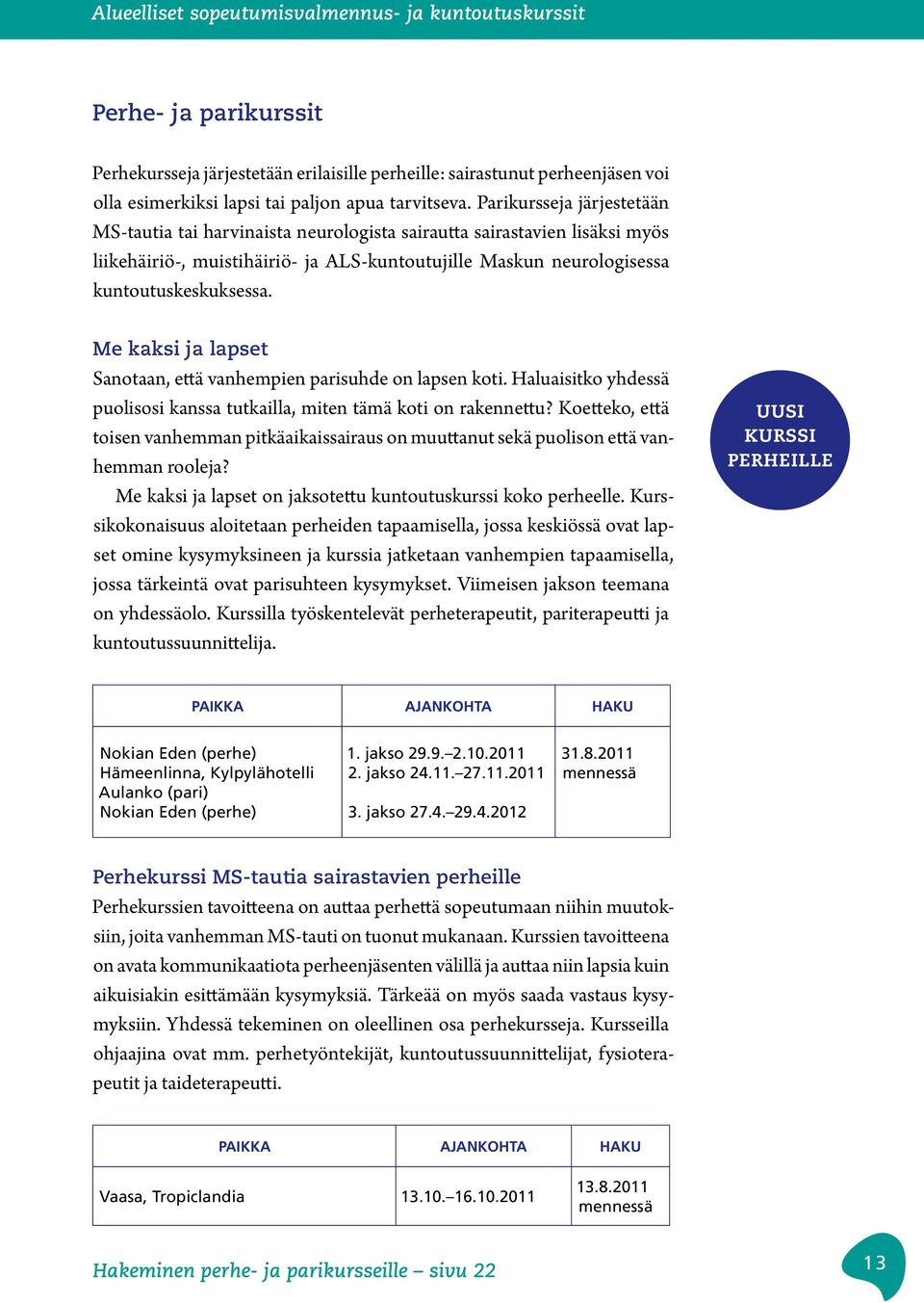 Parikursseja järjestetään MS-tautia tai harvinaista neurologista sairautta sairastavien lisäksi myös liikehäiriö-, muistihäiriö- ja ALS-kuntoutujille Maskun neurologisessa kuntoutuskeskuksessa.