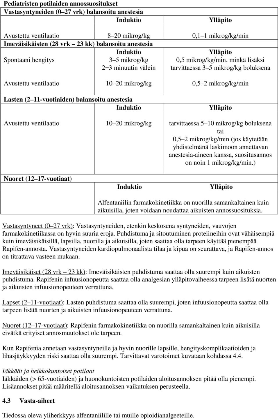 0,5 2 mikrog/kg/min Lasten (2 11-vuotiaiden) balansoitu anestesia Induktio Ylläpito Avustettu ventilaatio 10 20 mikrog/kg tarvittaessa 5 10 mikrog/kg boluksena tai 0,5 2 mikrog/kg/min (jos käytetään