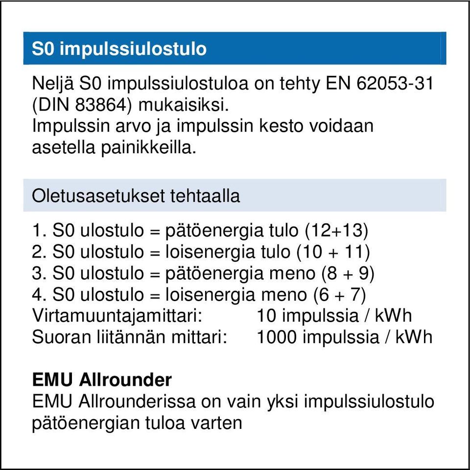 S0 ulostulo = pätöenergia tulo (12+13) 2. S0 ulostulo = loisenergia tulo (10 + 11) 3. S0 ulostulo = pätöenergia meno (8 + 9) 4.