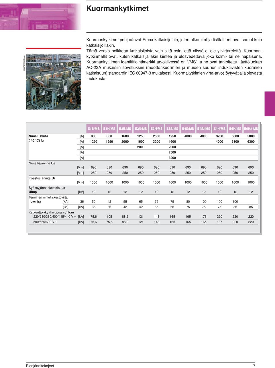 Kuormankytkimen identitifiointimerkki arvokilvessä on /MS ja ne ovat tarkoitettu käyttöluokan AC-23A mukaisiin sovelluksiin (moottorikuormien ja muiden suurien induktiivisten kuormien katkaisuun)