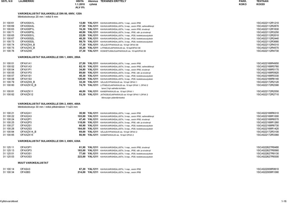 , avoin IP00, sivulevyt 1SCA022112R1630 31 100 71 OFAX00P3L 40,50 YAL1211 KAHVAVAROKEALUSTA, 3-nap.