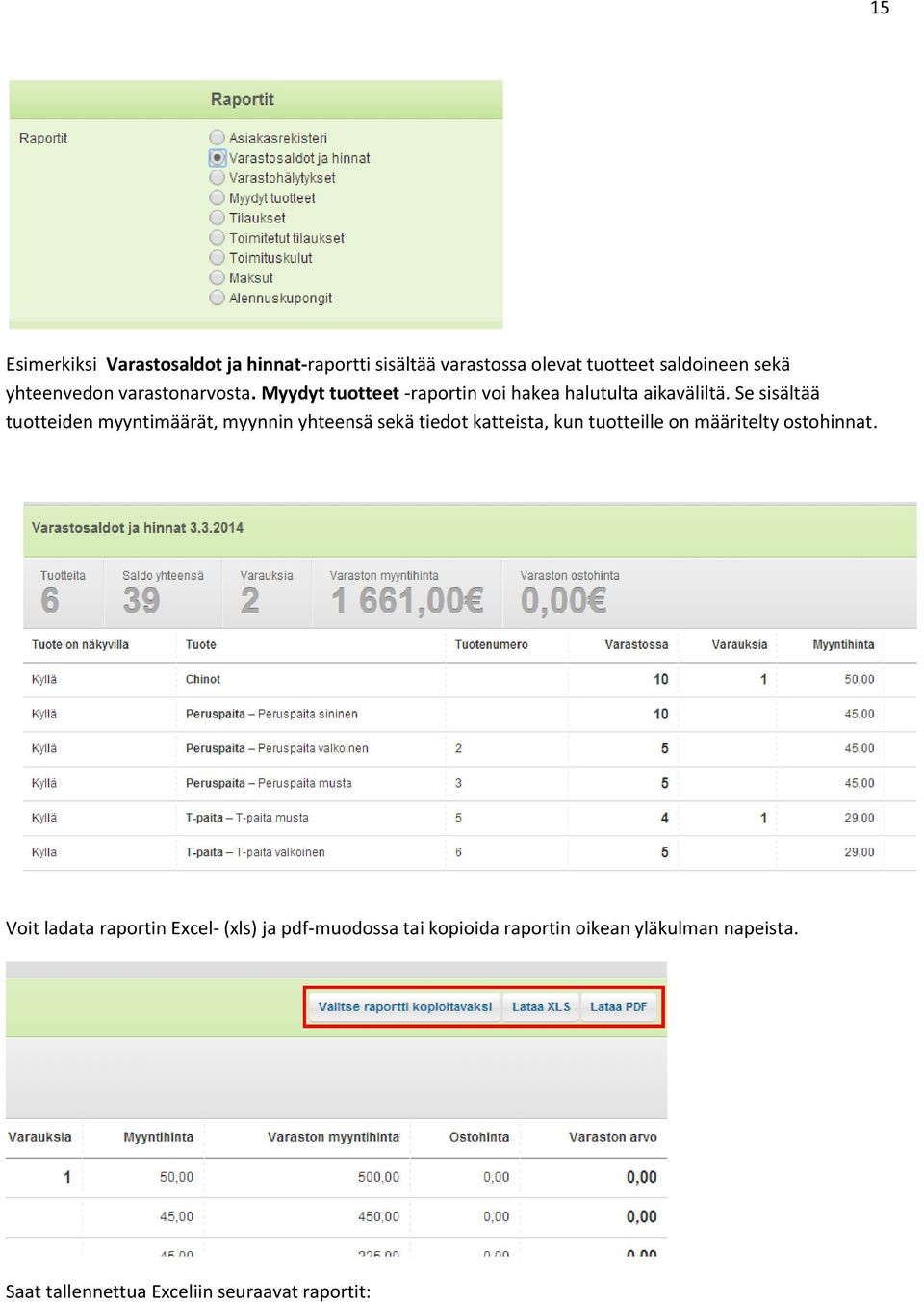 Se sisältää tuotteiden myyntimäärät, myynnin yhteensä sekä tiedot katteista, kun tuotteille on määritelty