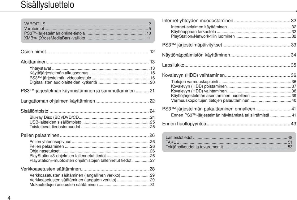 .. 21 Langattoman ohjaimen käyttäminen... 22 Sisällöntoisto... 24 Blu-ray Disc (BD)/DVD/CD... 24 USB-laitteiden sisällöntoisto...25 Toistettavat tiedostomuodot...25 Pelien pelaaminen.