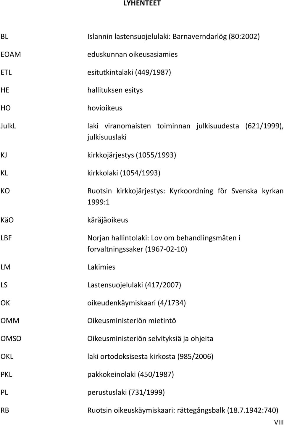 käräjäoikeus Norjan hallintolaki: Lov om behandlingsmåten i forvaltningssaker (1967-02-10) Lakimies LS Lastensuojelulaki (417/2007) OK oikeudenkäymiskaari (4/1734) OMM OMSO Oikeusministeriön